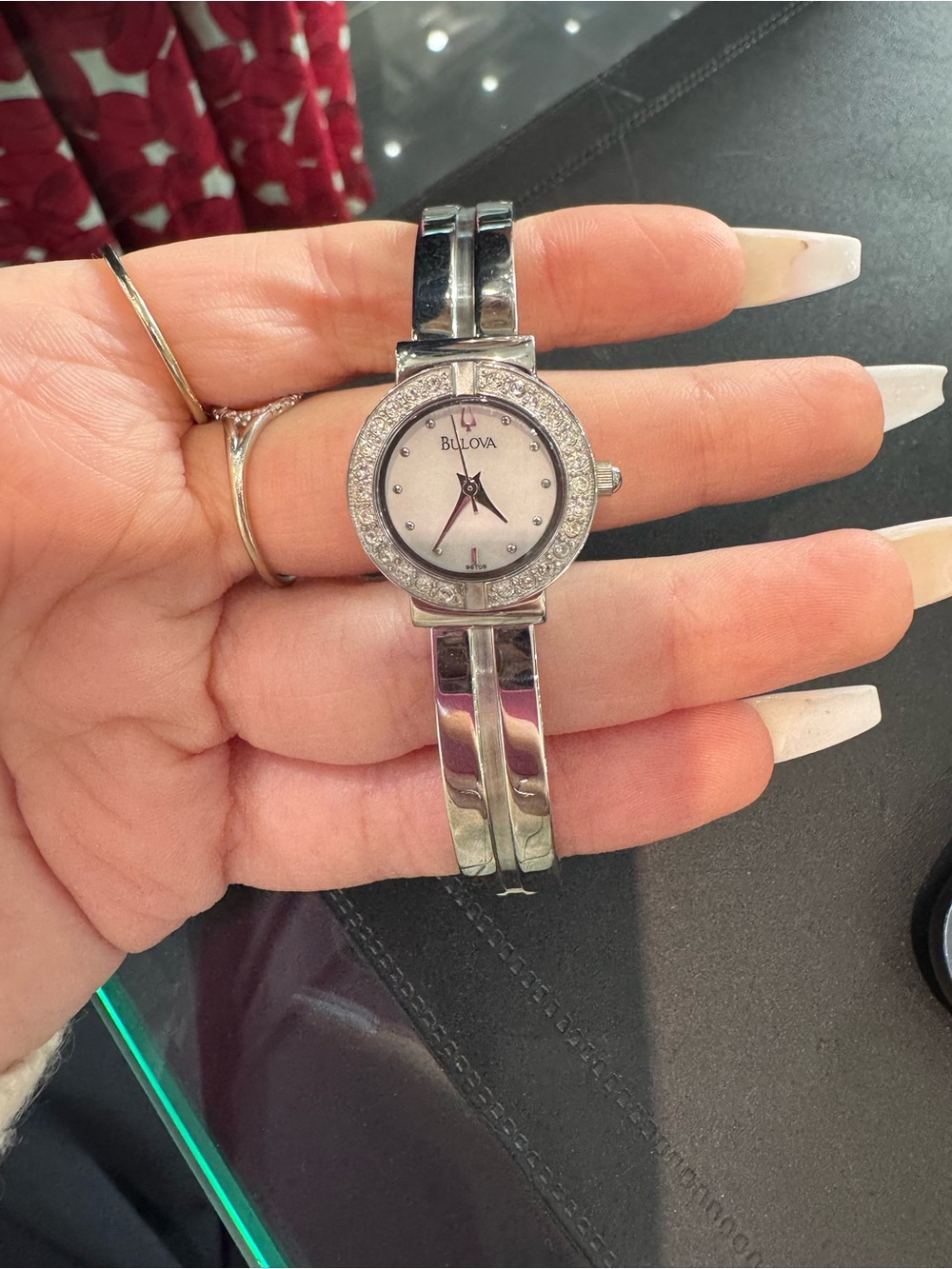 Bulova Women's Silver Cuff Watch with Crystal Bezel & MOP Dial